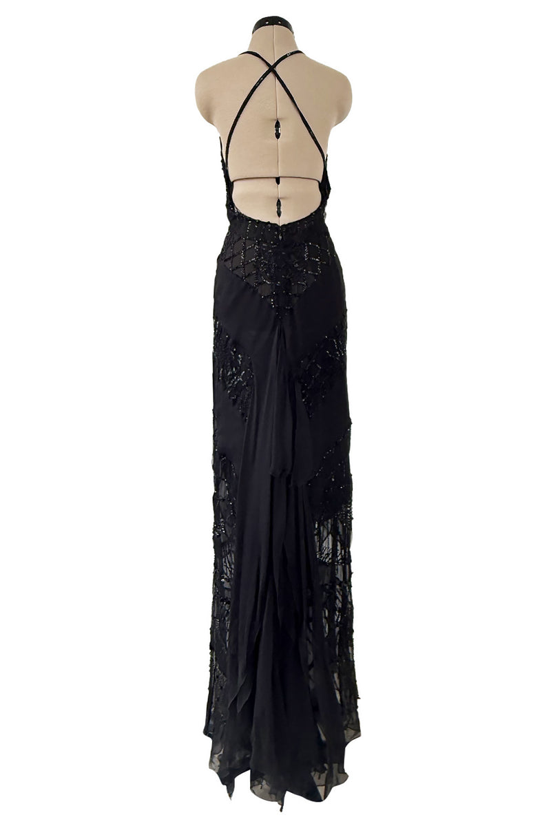 Gorgeous Fall 2003 Valentino Densely Beaded Bias Cut Black Silk Chiffon Dress