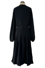 Classic 1970s Michael Novarese Black Silk Chiffon Dress w Balloon Sleeves & Pleating Details