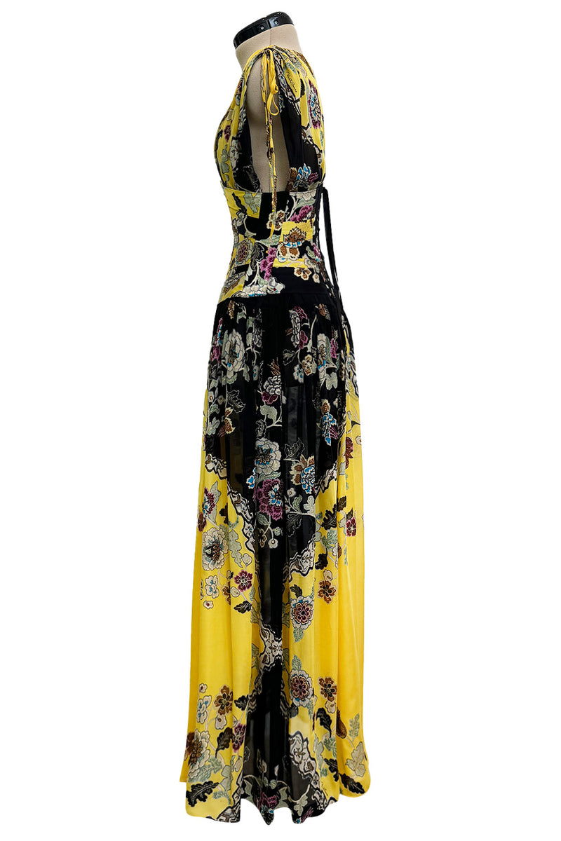 Incredible Spring 2003 Roberto Cavalli Light as Air Printed Silk & Silk Chiffon Maxi Skirt, Top & Corset Set