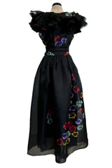 Prettiest 1960s Possible Christian Dior Floral Print Silk Organza Dress w Ruffled Shoulders