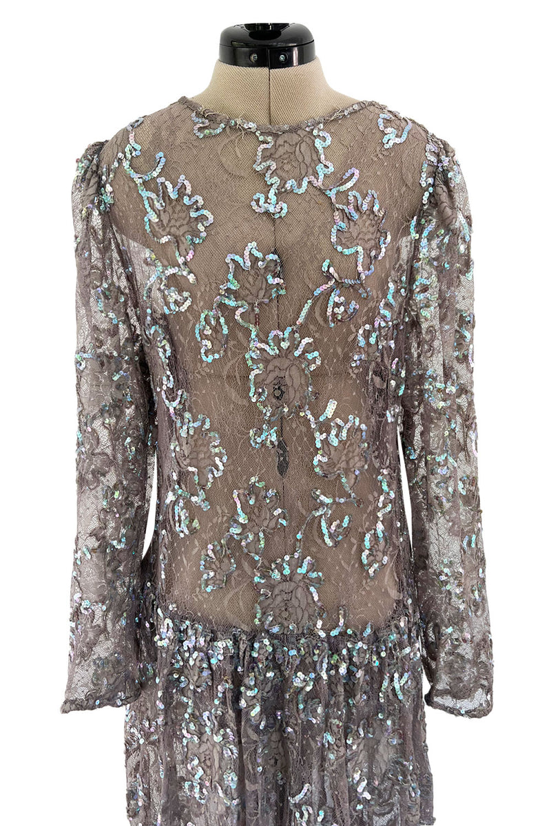 Prettiest 1970s Unlabeled Pale Grey Lace & Blue Grey Glossy Sequin Dro –  Shrimpton Couture