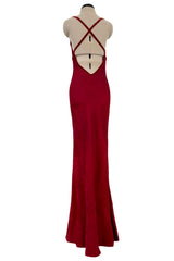 Fall 1999 John Galliano Deep Red Patterned Silk Bias Cut Backless Dress w Velvet Ribbon Details