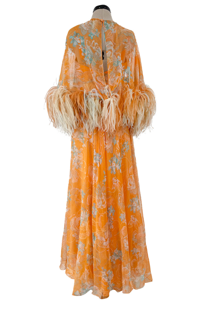 Exquisite 1960s Harry Algo printed Peach Silk Chiffon Dress w Feather Detailing