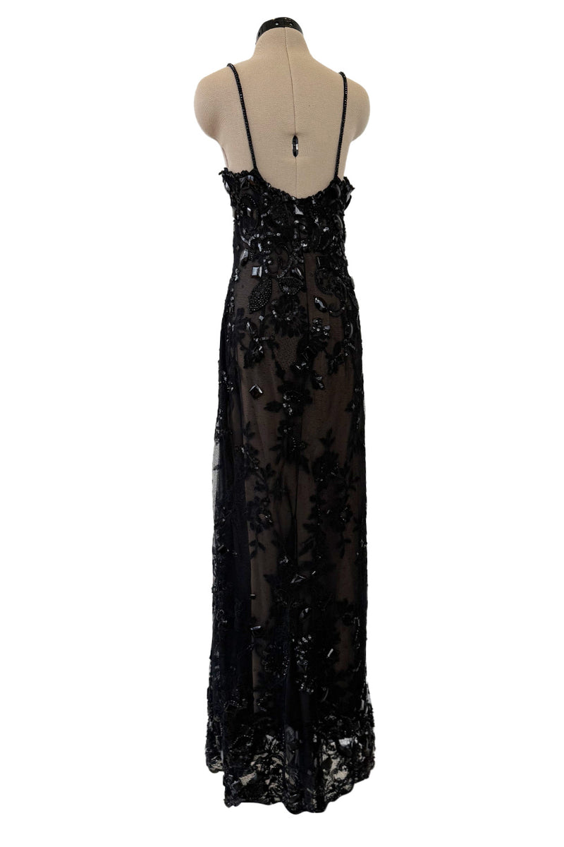 1970s Christian Dior by Marc Bohan Demi-Couture Elaborately Beaded Black Lace Net Dress