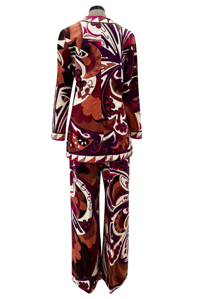 1960s Emilio Pucci Velvet Pink Purple & Brown Print Jacket & Flare Pant Suit Set