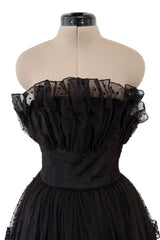 Prettiest 1960s Arnold Scaasi Black Strapless Dotted Net Dress w Flower Appliques