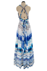 Amazing 2009-2010 Alexander McQueen Silk Chiffon Blue Agate Print Dress w Plunge Front & Open Back