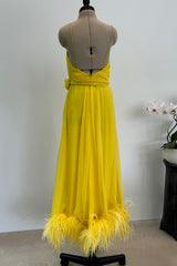 Oscar de la Renta 1970s Yellow Chiffon & Feather Dress