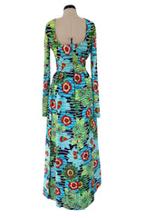 Prettiest c1972 Lanvin by Jules-Francois Crahay Printed Silk Jersey & Waffle Weave Low Back Dress