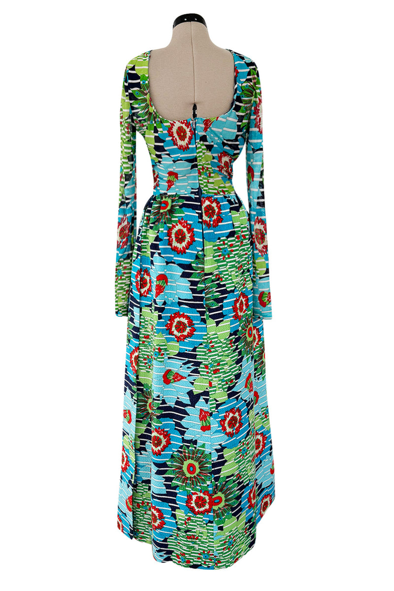 Prettiest c1972 Lanvin by Jules-Francois Crahay Printed Silk Jersey & Waffle Weave Low Back Dress