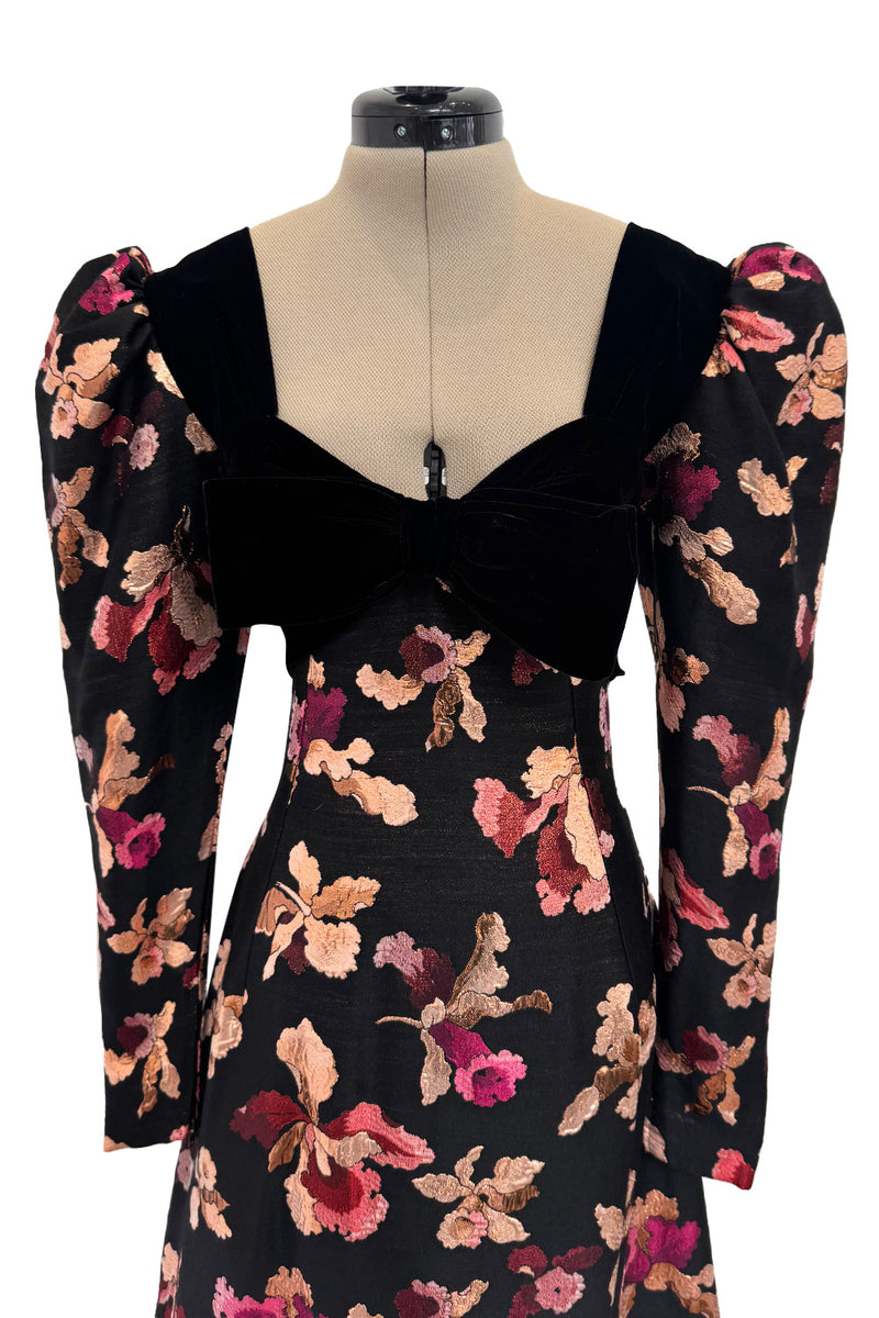 Stunning 1970s Givenchy Floral Silk Brocade Dress w Velvet Bodice & Bow