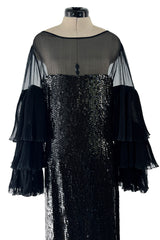 Killer 1980s Louis Feraud Black Sequin Dress w Amazing Tiered Silk Chiffon Sleeves