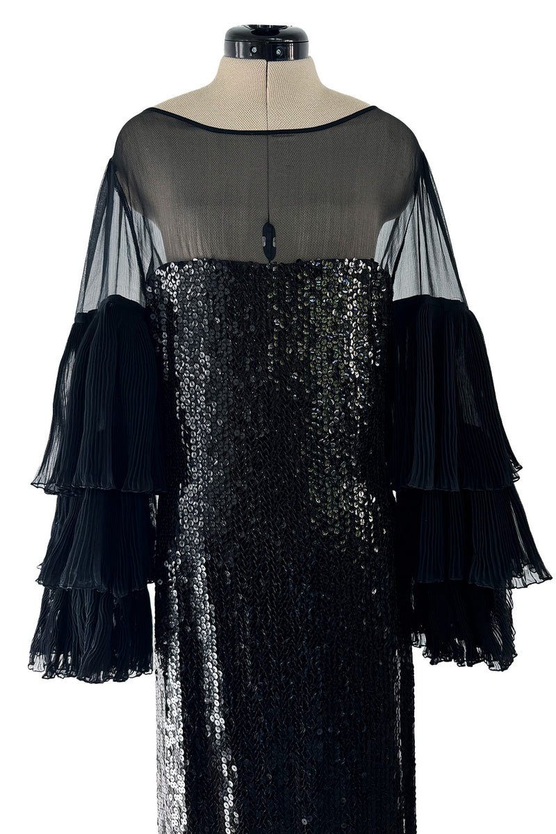 Killer 1980s Louis Feraud Black Sequin Dress w Amazing Tiered Silk Chiffon Sleeves