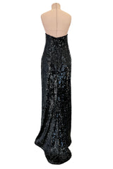 Incredible 1980s Bob Mackie Strapless Black Sequin Dress w Slight Train