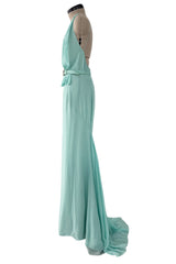 Stunning 2000s Valentino Roma Turquoise Silk Chiffon Dress W Front Slit & Open Back