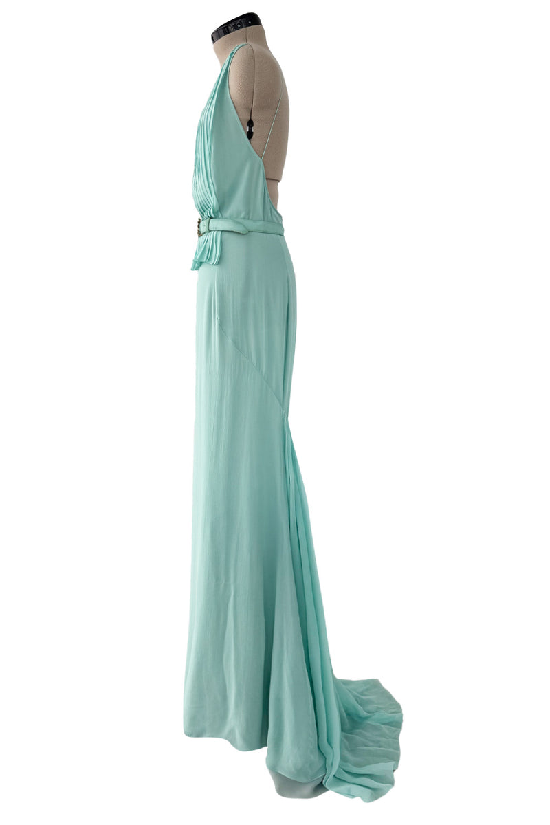 Stunning 2000s Valentino Roma Turquoise Silk Chiffon Dress W Front Slit & Open Back