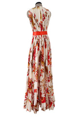 Prettiest 1980s Bill Blass Pleated Silk Chiffon Dress w Coral Flower & Fern Print