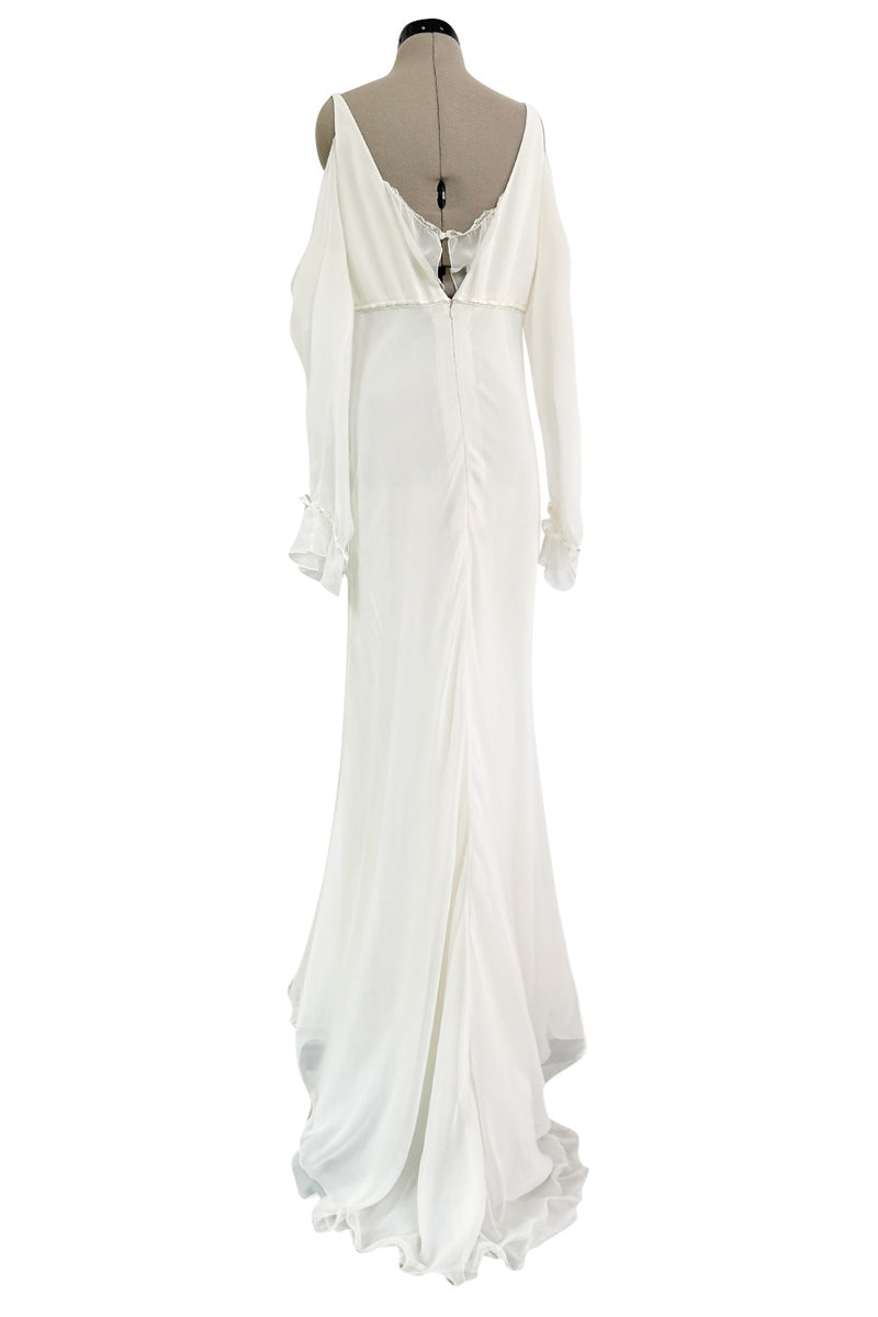 Prettiest 2000s Blumarine Sposa Ivory Chiffon Wedding Dress w Attached Sleeves & Open Shoulder