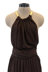 Fall 1975 Yves Saint Laurent Runway Brown Silk Jersey Backless Dress w Gold Leather Straps