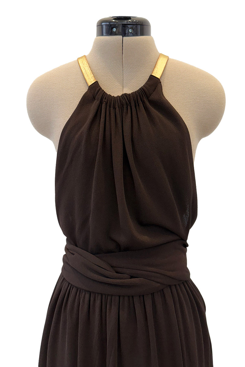 Fall 1975 Yves Saint Laurent Runway Brown Silk Jersey Backless Dress w Gold Leather Straps