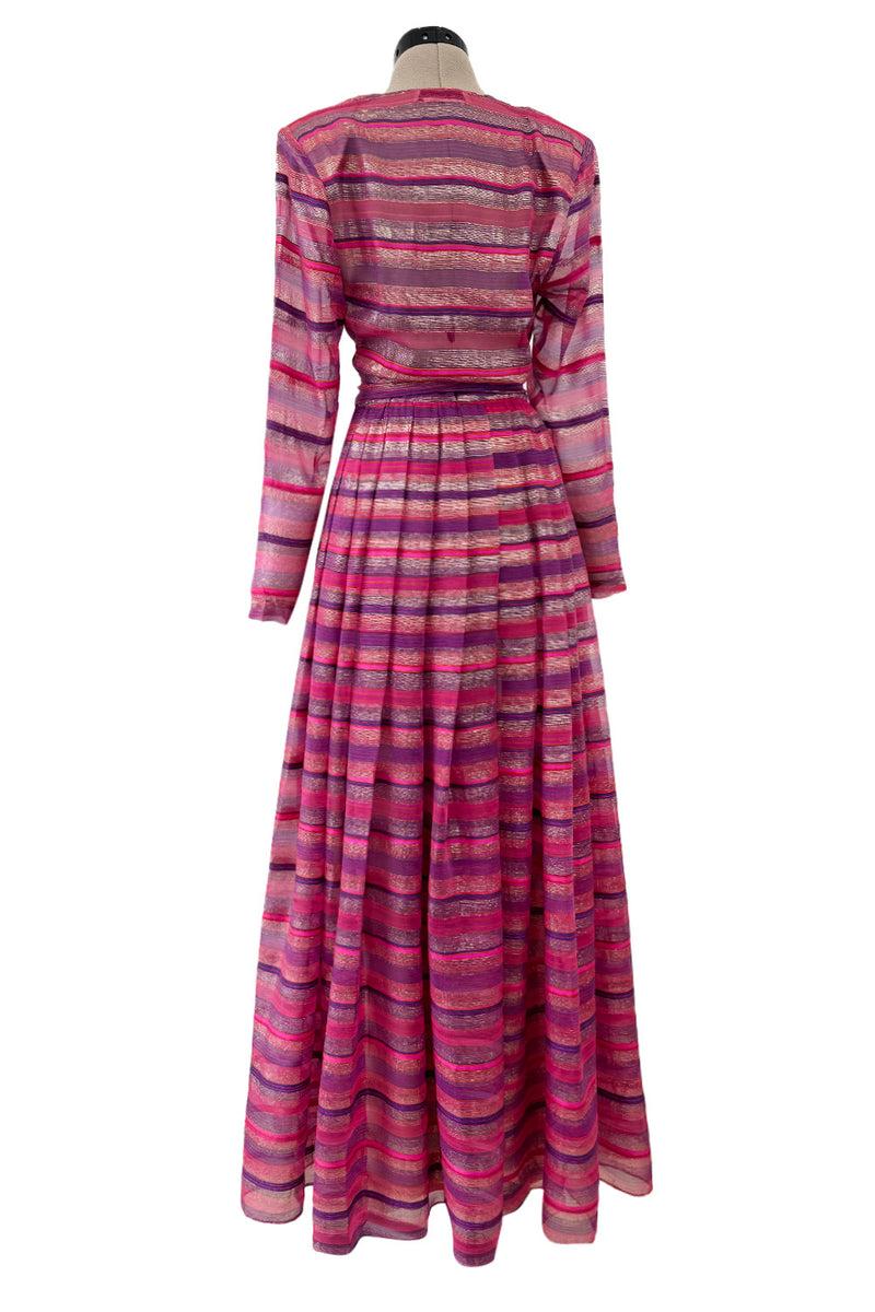 Prettiest 1980s Hanae Mori Pink Striped Silk Chiffon Dress w Metallic Gold Thread