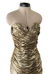 Outstanding 1984 Vicky Tiel Couture Metallic Gold Lame Gathered & Draped Strapless Dress