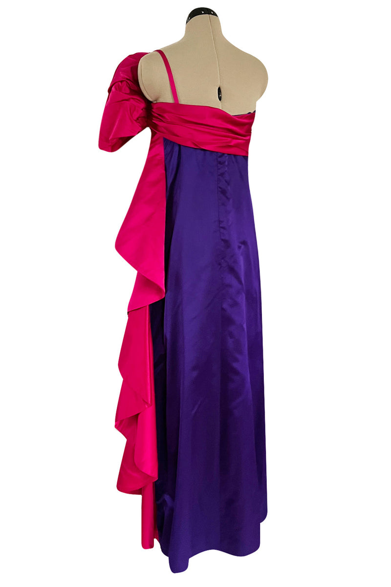 Spring 1984 Bill Blass Runway Purple Silk Dress w One Shoulder Bow & Long Ruffle