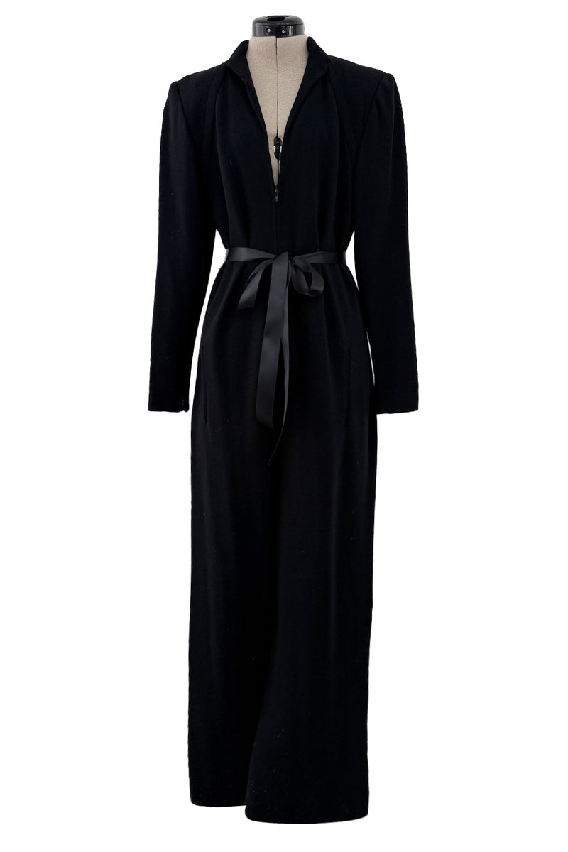 Fabulous 1980s Pauline Trigere Sleek Black Wool Jersey Jumpsuit w Front Zip