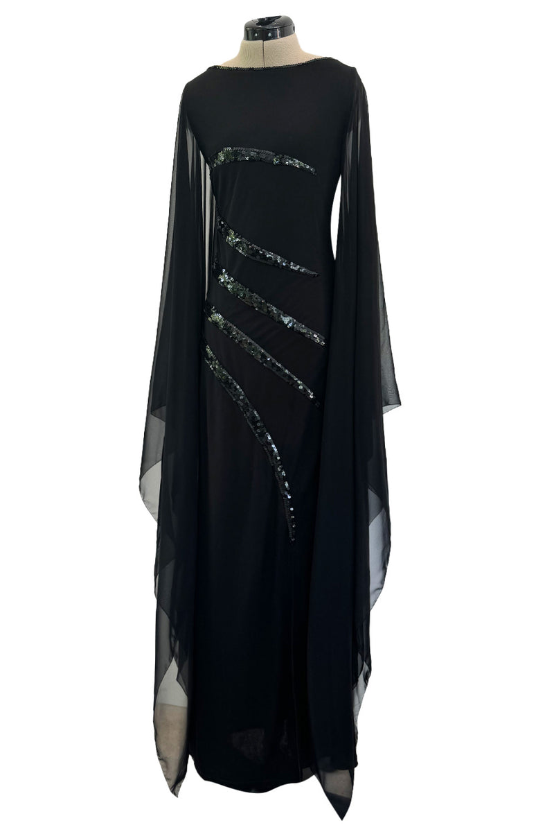 1990s Loris Azzaro Black Stretch Jersey Dress w Chiffon Angel Sleeves & Black Sequin Detailing