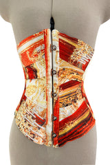 Amazing Spring 2003 Roberto Cavalli Printed Silk Lace Up Corset with Metal Stays & Hook Front