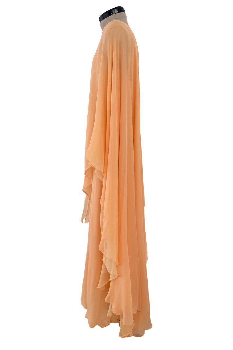 c. Resort 1976 Halston Couture Pastel Peach Silk Chiffon One Shoulder Spiral Dress