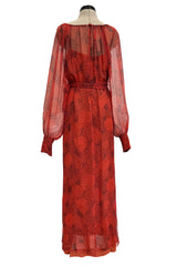 1970s Christian Dior by Marc Bohan Deep Coral Silk Chiffon Caftan Dress w Sash