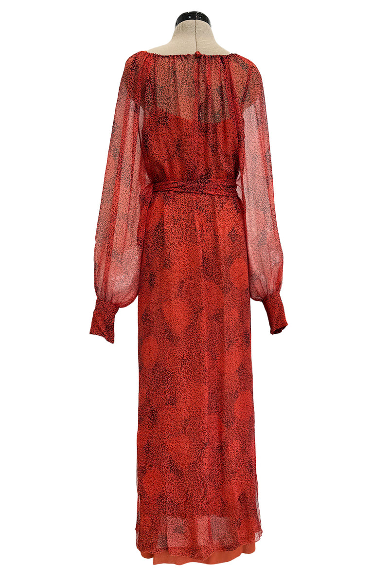 1970s Christian Dior by Marc Bohan Deep Coral Silk Chiffon Caftan Dress w Sash