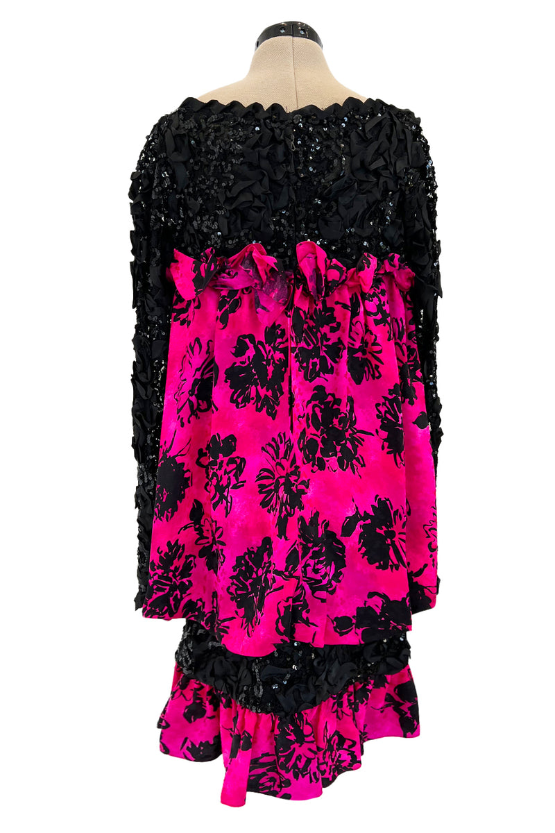 Dramatic Fall 1987 Yves Saint Laurent Runway Pink & Floral Silk Dress w Lace & Sequin Detail