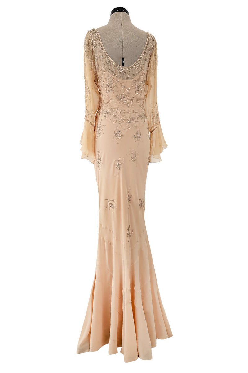 2000s Christian Dior by John Galliano Peach Silk Chiffon & Silver Beaded Bias Cut Dress