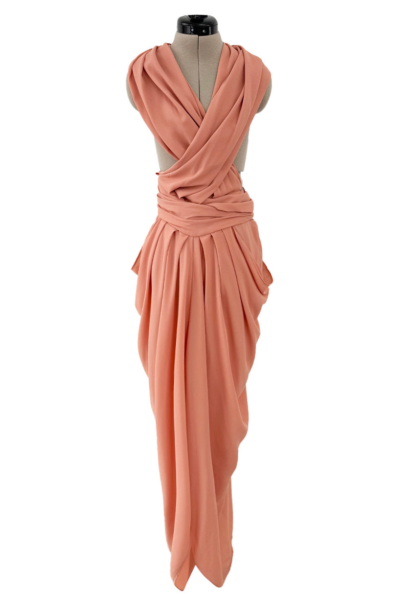 1990s Gianni Versace Pale Pastel Salmon Silk Crepe Wrapped Bodice & Bare Back Dress