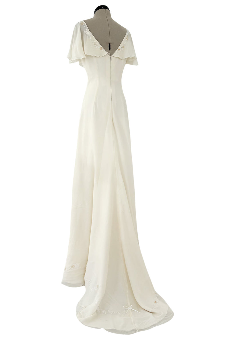 Pretty 2000s Blumarine Sposa Ivory Cape Sleeve Wedding Dress w Train & Emrpoidery