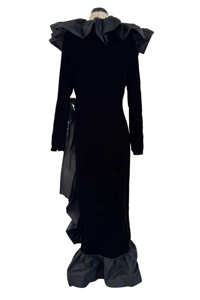 Amazing Fall 1984 Yves Saint Laurent Runway Silk Taffeta Ruffle & Velvet Wrap Dress