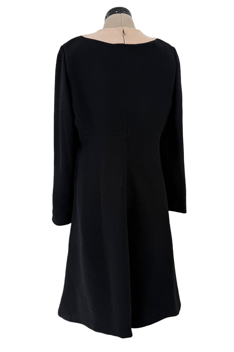 c. 1972 Pierre Cardin Black Wool Swing Dress w Taupe Inset & Glossy Black Buttons