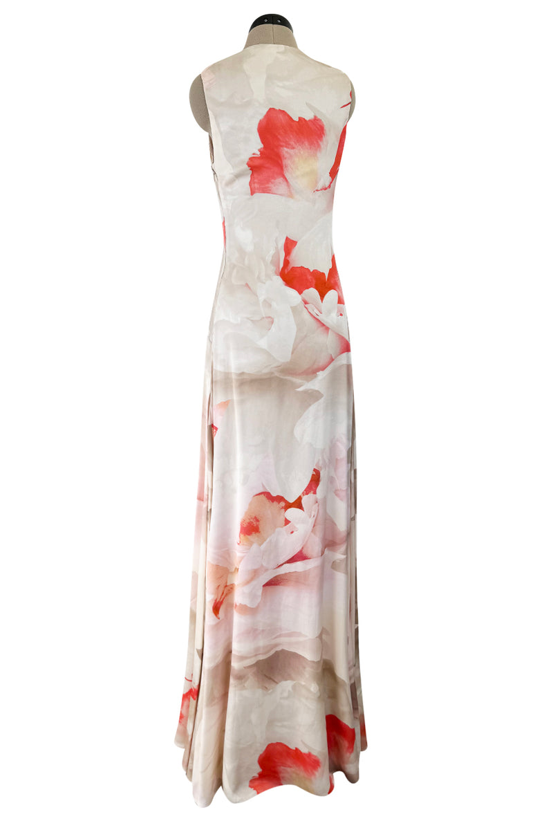 Beautiful 2010 Alexander McQueen Draped Silk Dress w Oversized Soft Floral Print & Deep Front Plunge