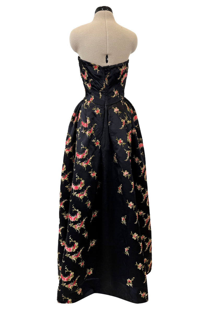 Dreamy 1960s Unlabeled Strapless Black Dress w Front Pink Panel &  Floral Embroidery