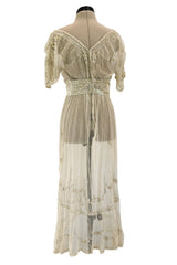 Beautiful 1910 Unlabeled Heirloom Ivory Net Wedding Dress w Elaborate Sequin & Bead Work