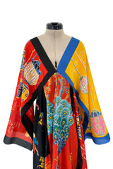 Iconic 1972 LaVetta Multi Scarf Printed Silk Caftan Dress w Wide Sleeves