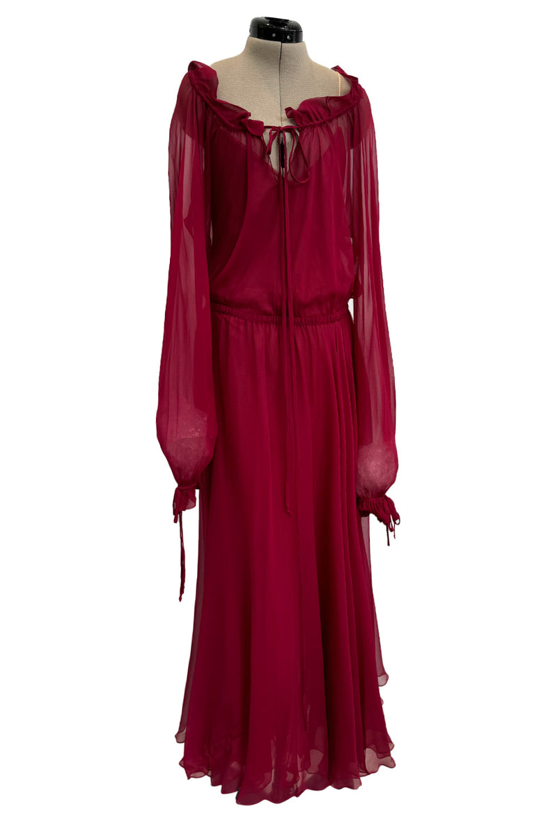 Gorgeous c1974 Halston Silk Chiffon Deep Red Dress w Inner Slip Dress & Full Sleeves