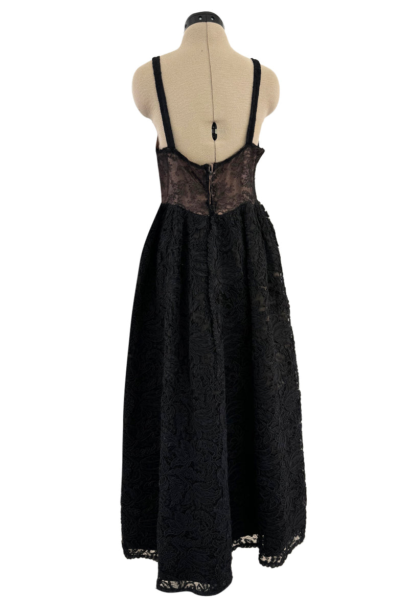 Prettiest 1960s James Galanos Couture Black French Lace & Silk Cord Dress