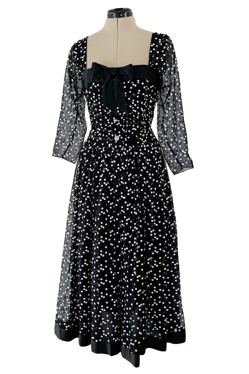 Prettiest Fall 1979 Christian Dior by Marc Bohan Black Silk Lace Net Dress w White  Sequins & Bows