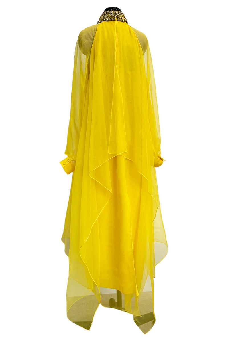 Prettiest Pre-Fall 2020 Gucci by Alessandro Michele Yellow Silk Dress Caftan w Jewel Collar & Front