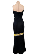 Spring 1979 Givenchy Haute Couture Runway Black Silk Chiffon Strapless Dress w Gold Sequin Bow Dress