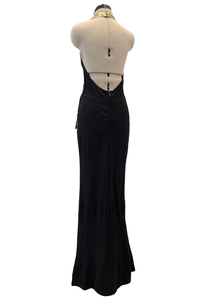 c.1973 Loris Azzaro Backless Black Jersey Dress w Gold & Black Sequin Flame Halter Top