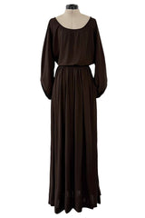 Gorgeous Fall 1975 Yves Saint Laurent Brown Silk Jersey Dress w Full Sleeves